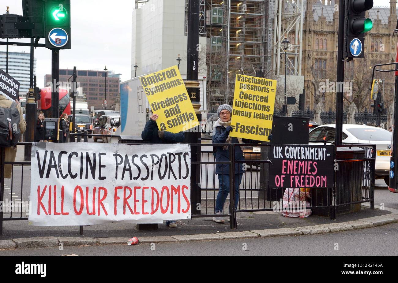 Anti-Vaxxers en dehors du Parlement britannique à Londres, dans le contexte de la pandémie du coronavirus COVID-19. Novembre 2021. Banque D'Images