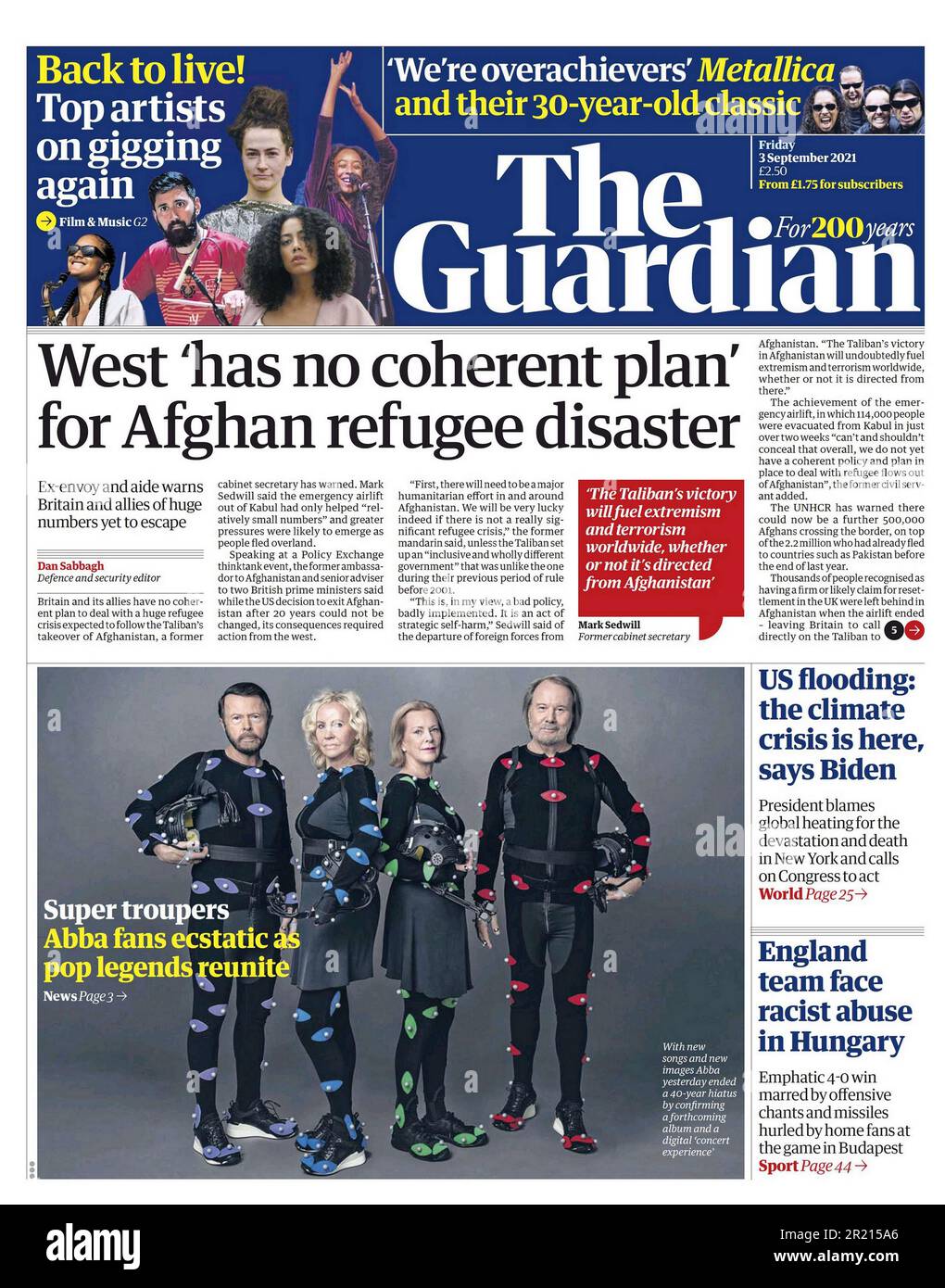 Journal Guardian Headline (britannique), manque de planification pour l'Afghanistan. 3nd septembre 2021. Des évacuations à grande échelle de citoyens étrangers et de certains citoyens afghans vulnérables ont eu lieu dans le cadre du retrait des forces américaines et de l'OTAN à la fin de la guerre de 2001-2021 en Afghanistan. Les talibans ont pris le contrôle de Kaboul et ont déclaré la victoire le 15 août 2021, et la République islamique d'Afghanistan, soutenue par l'OTAN, s'est effondrée. Avec les talibans contrôlant toute la ville, à l'exception de l'aéroport international Hamid Karzaï, Banque D'Images