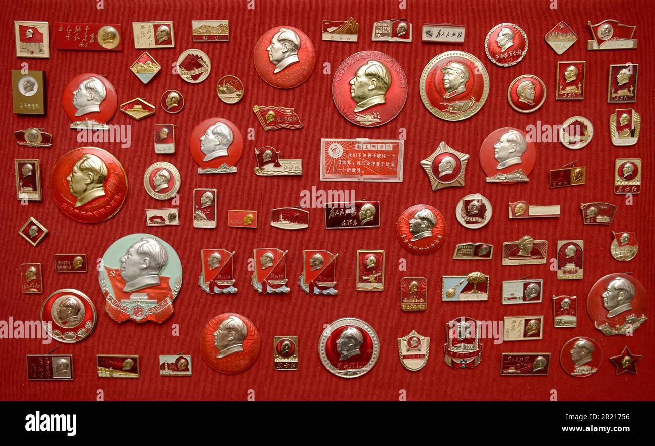 Pendant la Révolution culturelle, le culte de la personnalité de Mao s'est manifesté dans le port omniprésent de badges représentant le président Mao, et de personnes portant un petit livre rouge avec les écrits de Mao, qui seraient étudiés et cités à chaque occasion. Banque D'Images