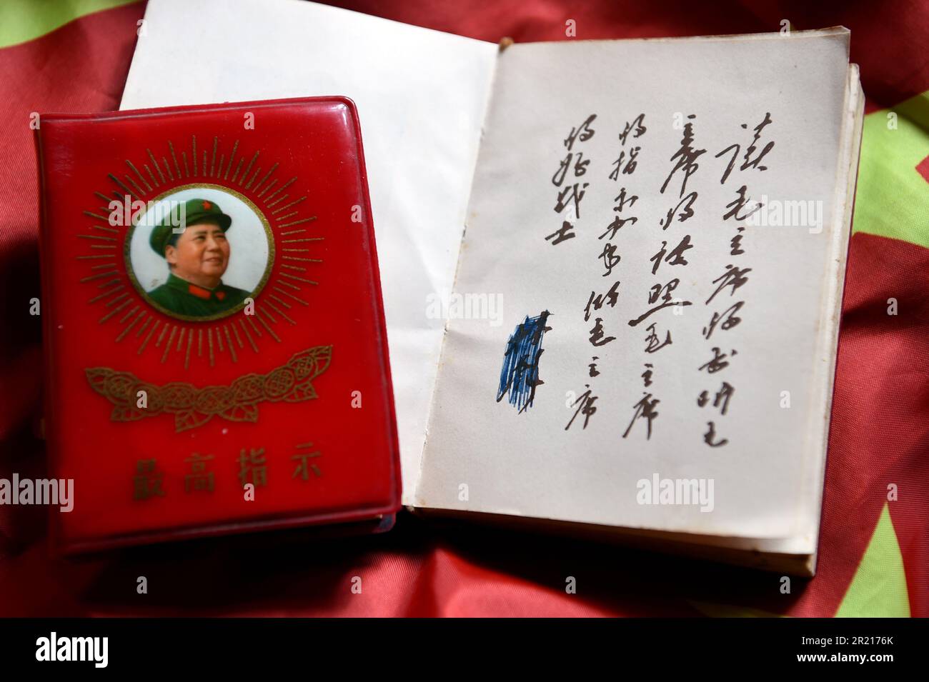 Pendant la Révolution culturelle, le culte de la personnalité de Mao s'est manifesté dans le port omniprésent de badges représentant le président Mao, et de personnes portant un petit livre rouge avec les écrits de Mao, qui seraient étudiés et cités à chaque occasion. Banque D'Images