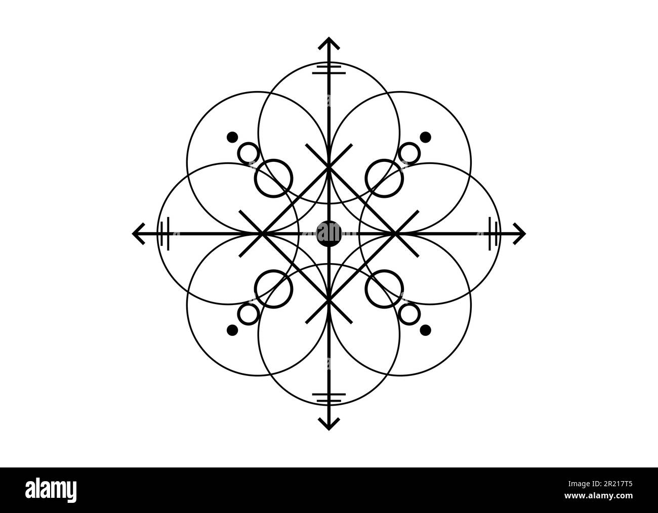 sceau sacré d'énergie puissante, sigil pour la protection avec des formes géométriques et des flèches mystiques, symbole de croix de tatouage noir vecteur isolé sur blanc Illustration de Vecteur