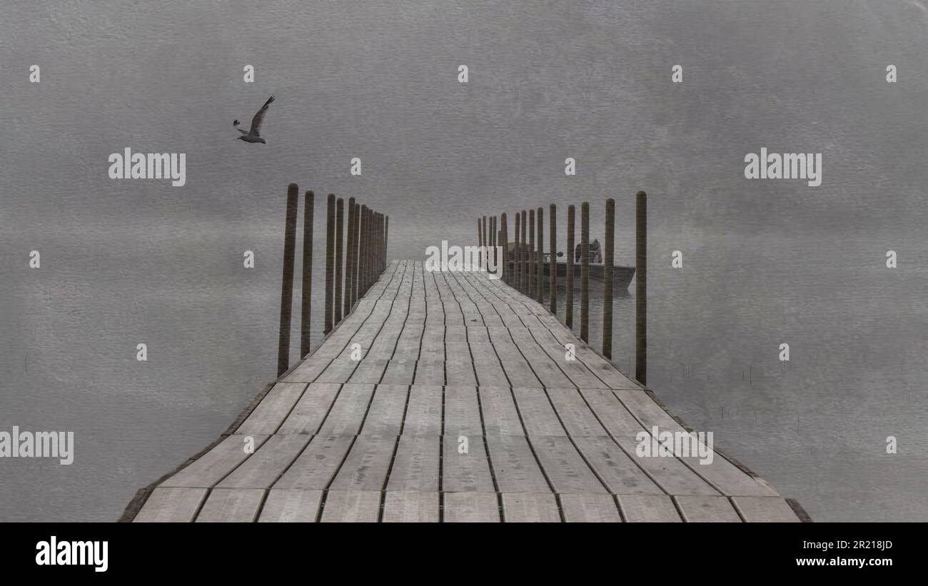 Affiche de modèle d'annonce de ressource graphique pour le service de groupe de collecte de quai long vide sur le lac brumeux le matin Banque D'Images