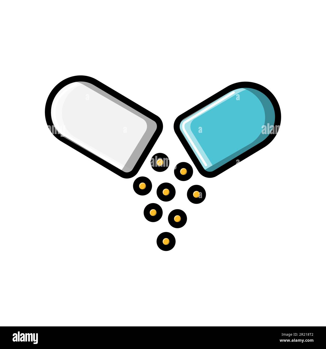 Une petite capsule médicale ouverte avec verser dans la médecine avec des vitamines pour traiter les gens, une simple icône noire et blanche sur un fond blanc. VE Illustration de Vecteur