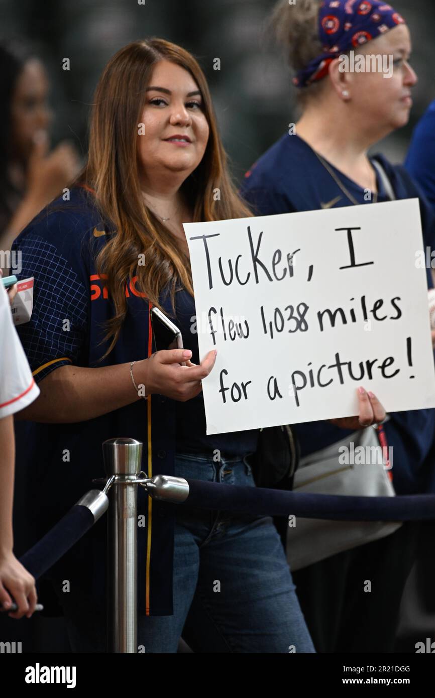 Houston Astros fan pendant le match MLB entre les Cubs de Chicago et les Astros de Houston lundi, 15 mai 2023, à la minute Maid Park à Houston, Texas. Banque D'Images