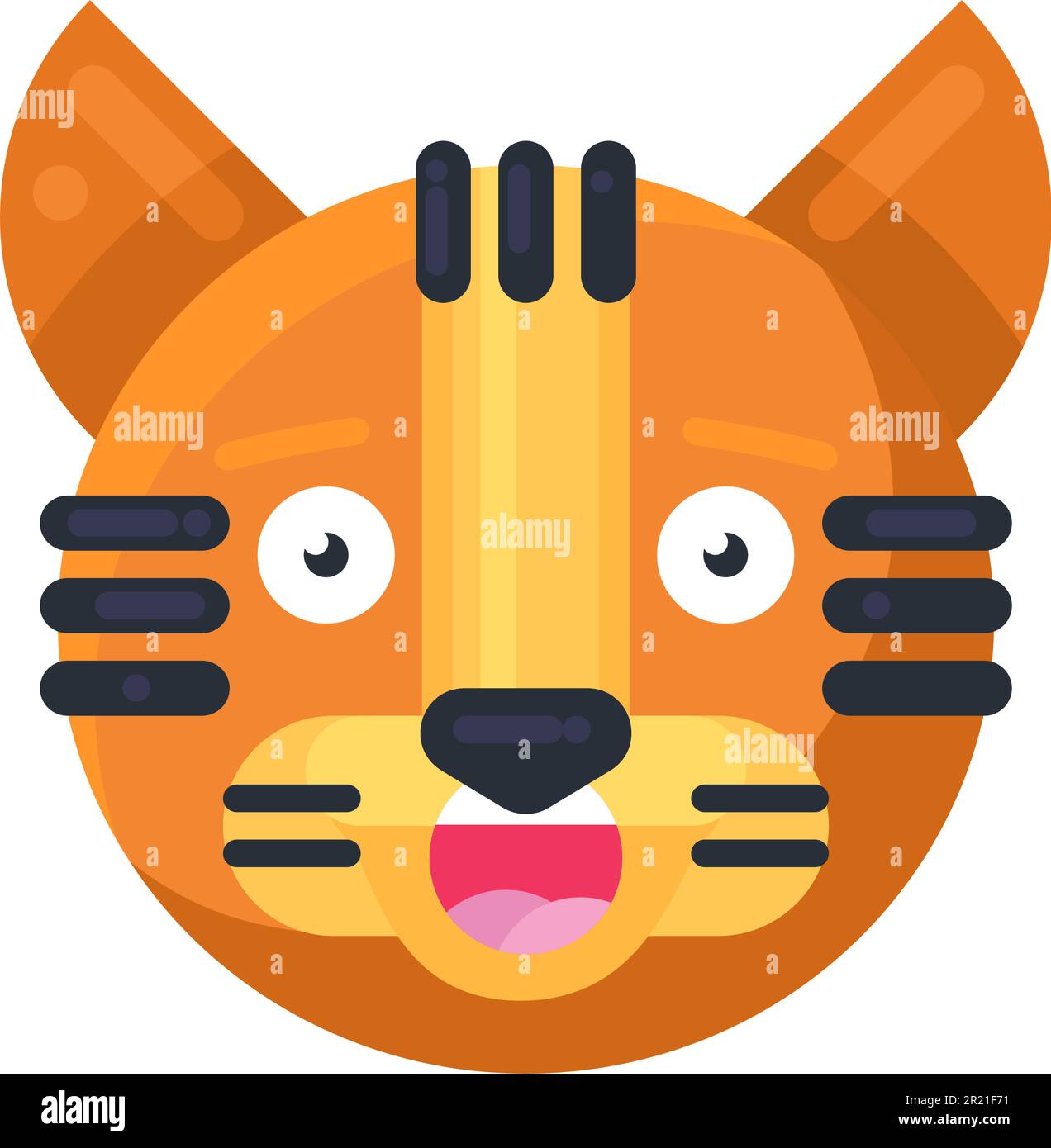 Tigre souriant avec des dents drôle mignon emoji vecteur. Animal sauvage de chat avec les yeux larges ouverts et la bouche se sentant gai et heureux. Émoticône comique sourire positif Illustration de Vecteur