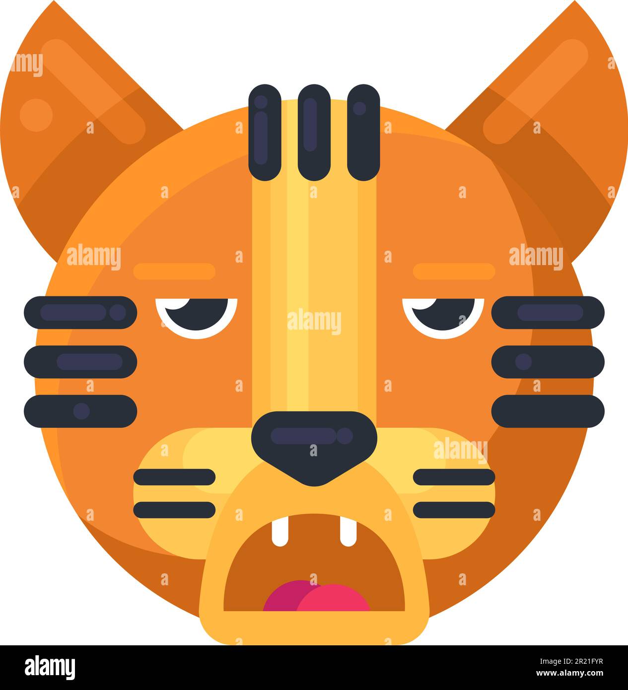 Tigre mignon animal ennuyeux expression emoji vecteur. Visage sauvage de chat avec bouche ouverte et yeux à moitié fermés. Dédain, duh, huh et émotion fatiguée. Outrage emo Illustration de Vecteur