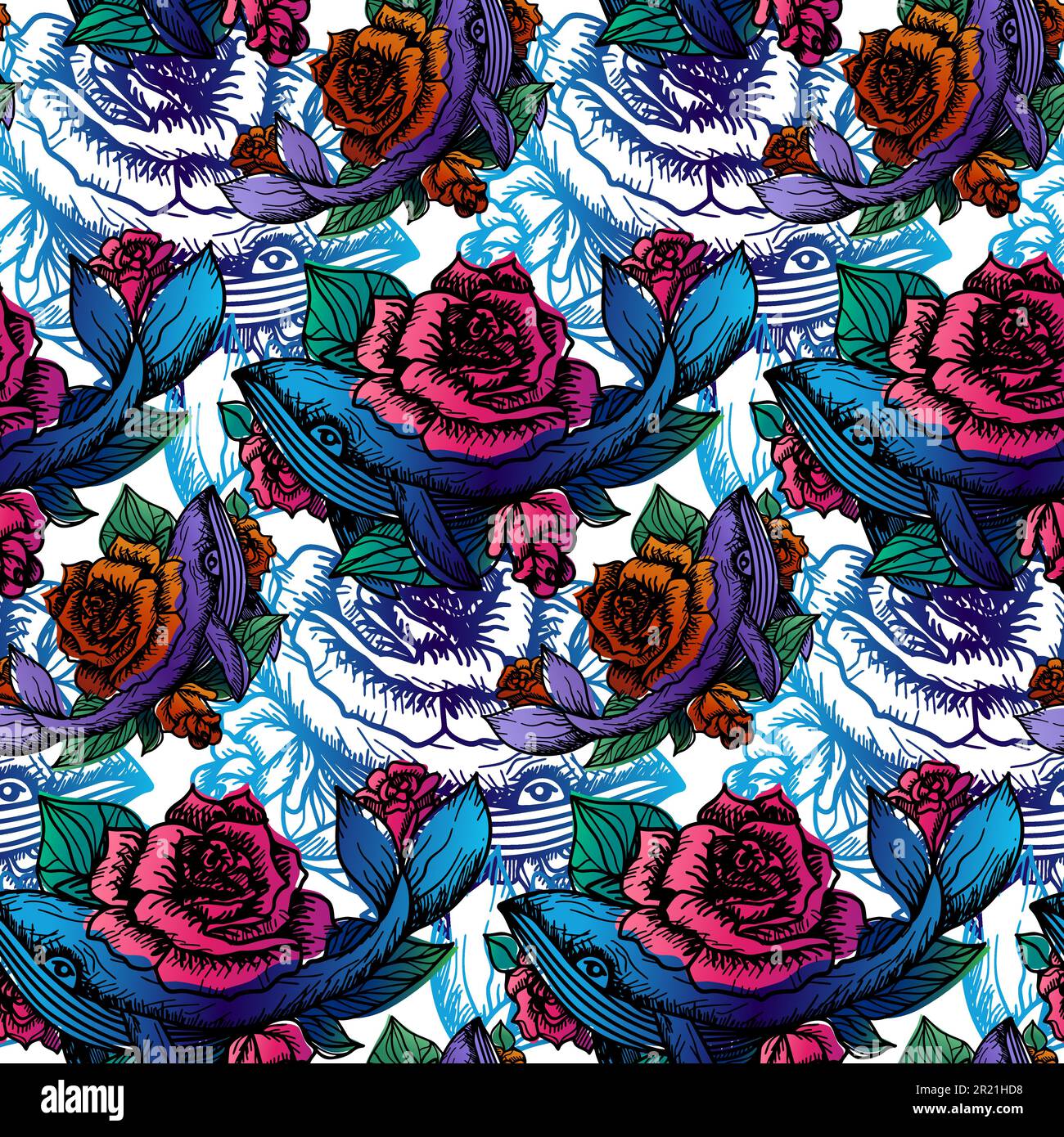 Motif baleine en roses transparent vectorisation de papier peint. Œuvre d'art dessinée à la main de belles fleurs de rose peintes colorées avec des feuilles vertes sur le haut de la voile M. Illustration de Vecteur