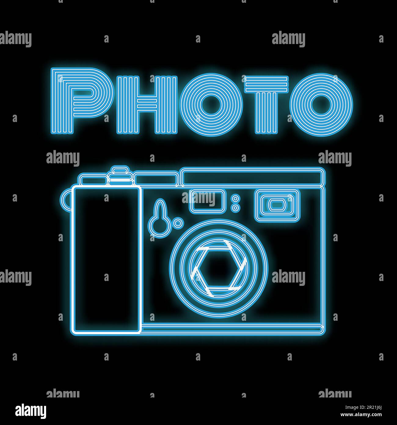 Magnifique icône de néon abstrait bleu brillant lumineux, panneau d'un ancien appareil photo rétro rétro avec diaphragme et espace de copie avec une photo d'inscription Illustration de Vecteur