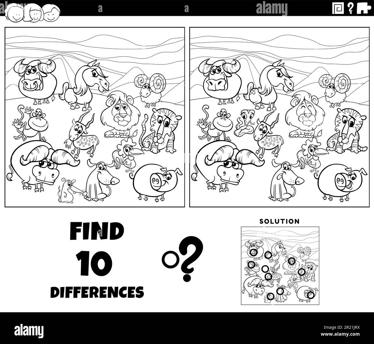 Dessin animé noir et blanc illustration de trouver les différences entre les images jeu éducatif avec les caractères animaux coloriage page Illustration de Vecteur