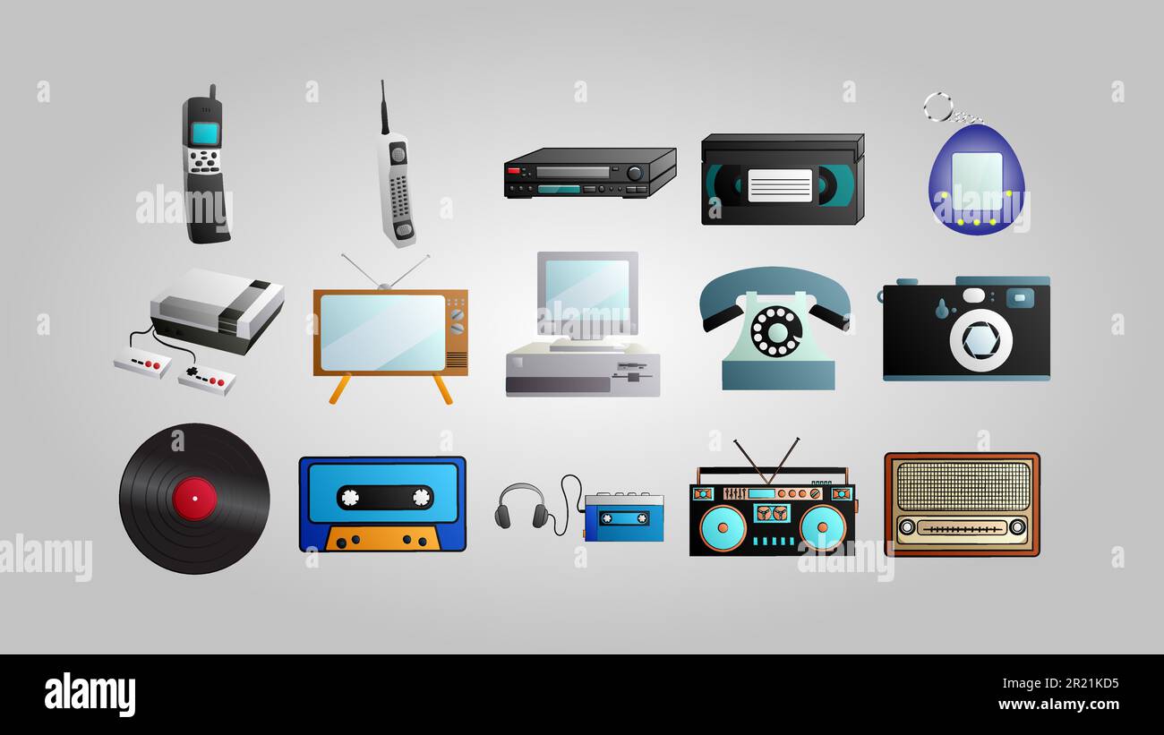 Vieux beau rétro hipster ensemble de l'électronique d'ordinateur 70s, 80s, 90s sur un fond blanc. Illustration de Vecteur