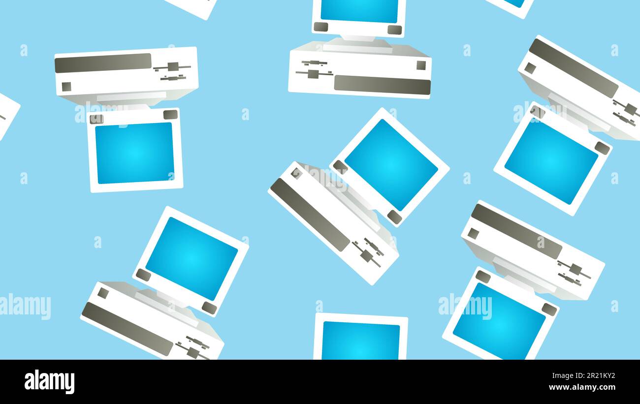 Modèle sans couture d'anciens ordinateurs rétro de taille basse des 70s, 80s, 90s, 2000s sur fond bleu. Illustration de Vecteur