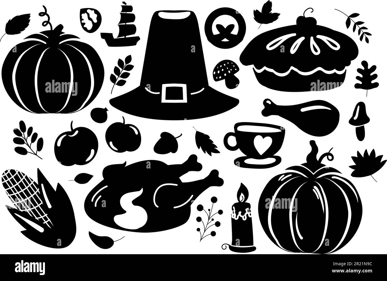 Joyeux Thanksgiving Noël silhouette set vecteur. Chapeau de pèlerin et bougie de brûlure accessoire, pomme et maïs, citrouille et feuille d'arbre. Célébration américaine m Illustration de Vecteur