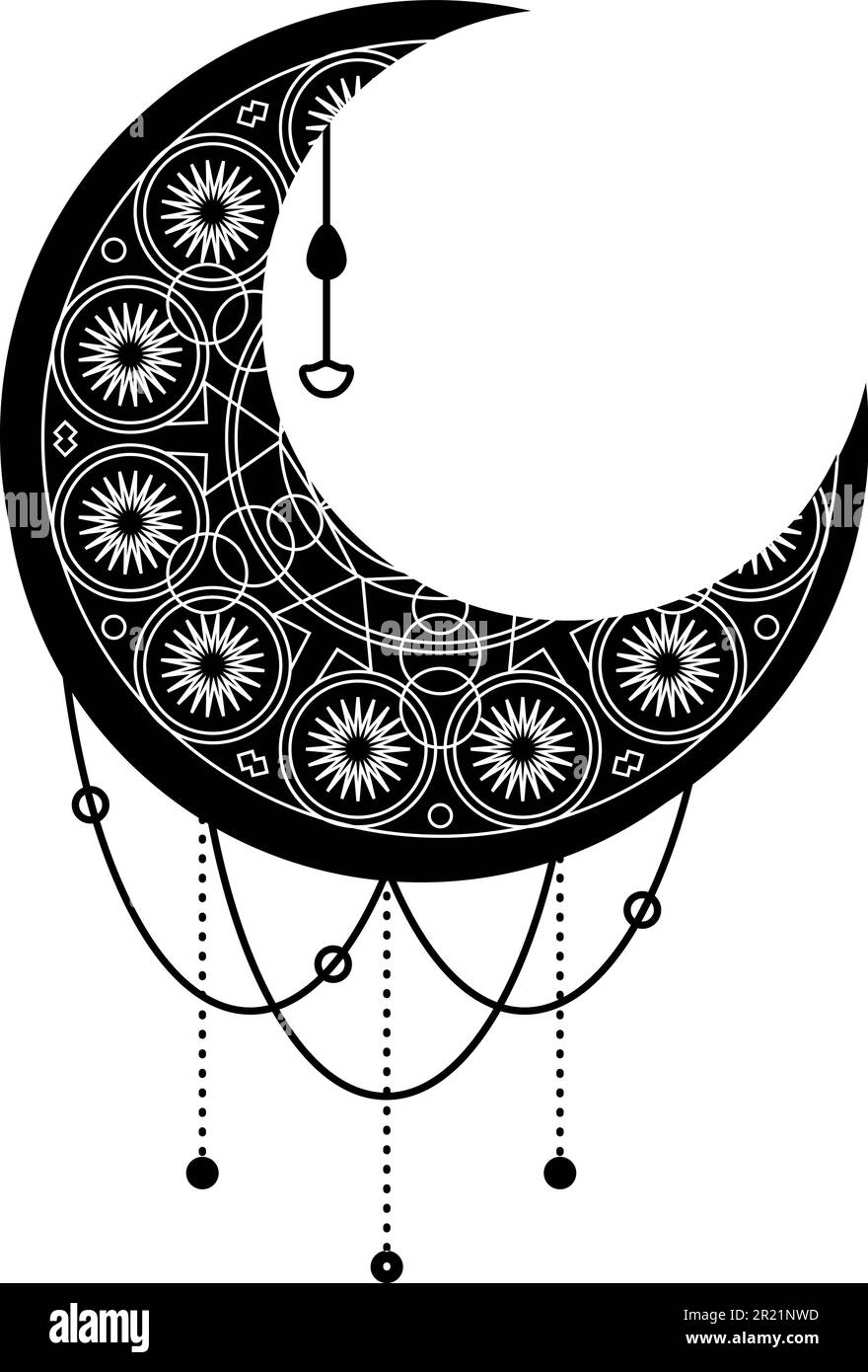 Lune noire, symbole croissant avec ornement décoratif. Symbole mystique de style boho. Magic spa, manucure, élément de magasin de bijoux. Vecteur sacré signe isol Illustration de Vecteur