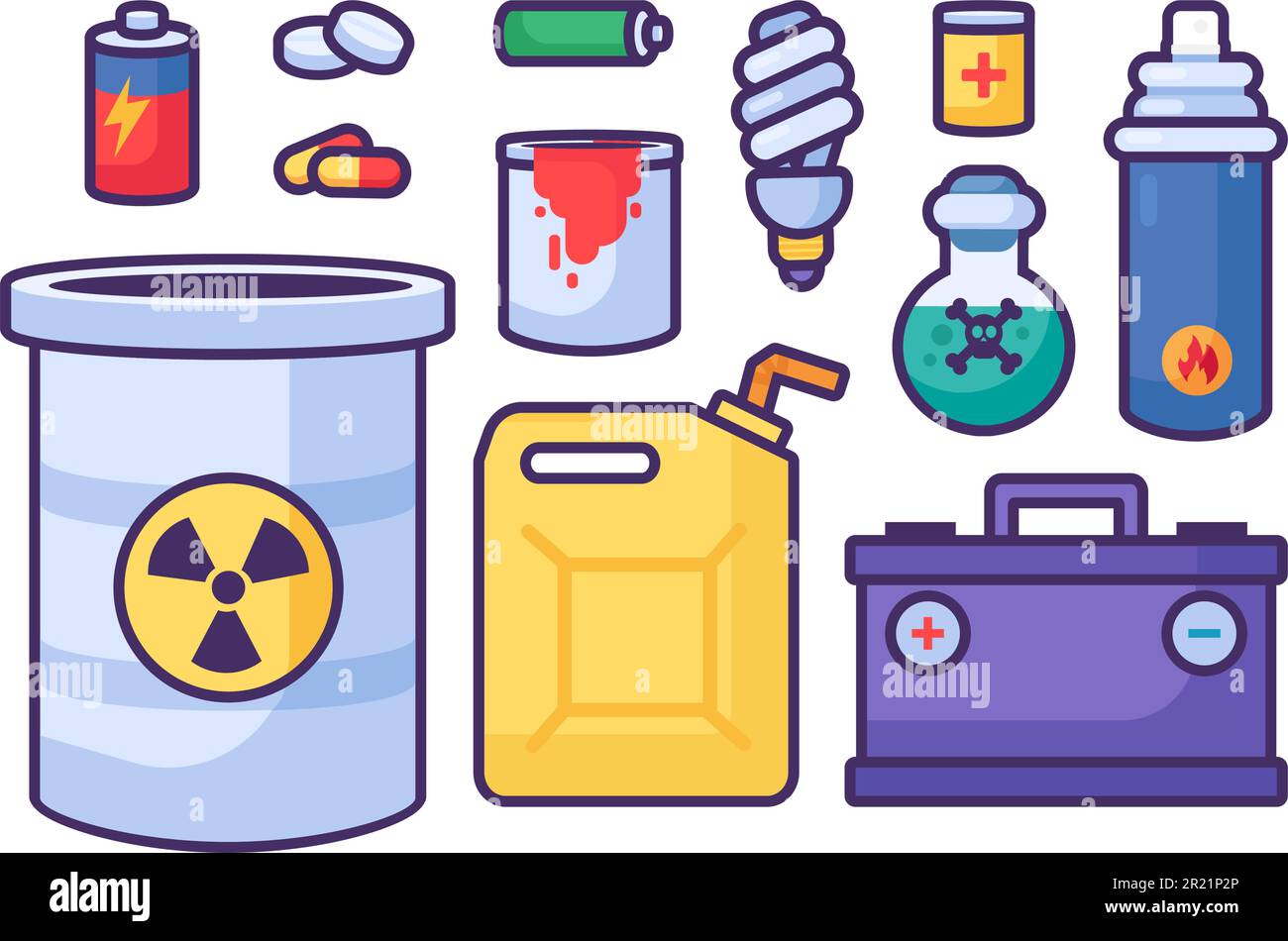Ensemble d'objets dangereux pour l'industrie du carburant chimique. Articles hors d'usage et sujets à la mise au rebut. Recyclage des produits chimiques industriels. Dessin animé simple o Illustration de Vecteur