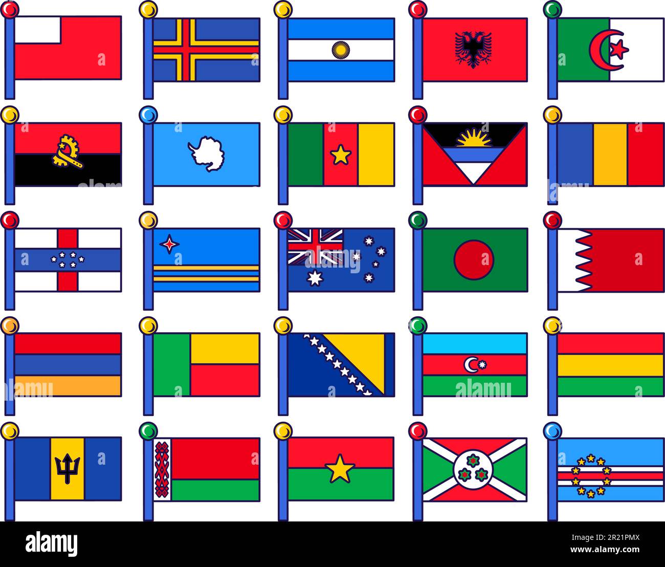 Vecteur de collection d'icônes de drapeau national du pays. Le Cameroun et le burundi, la bosnie et la bolivie, le bénin et la barbade symbole officiel de l'indépendance. Territ Illustration de Vecteur