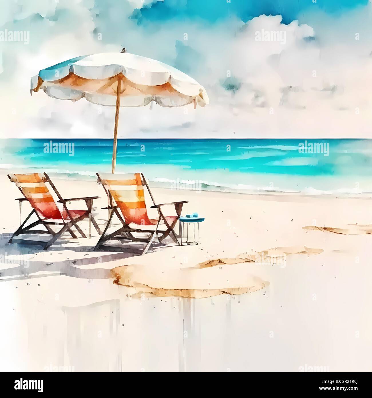 Magnifique concept de plage à l'aquarelle avec chaises et parasol sur la  rive Photo Stock - Alamy