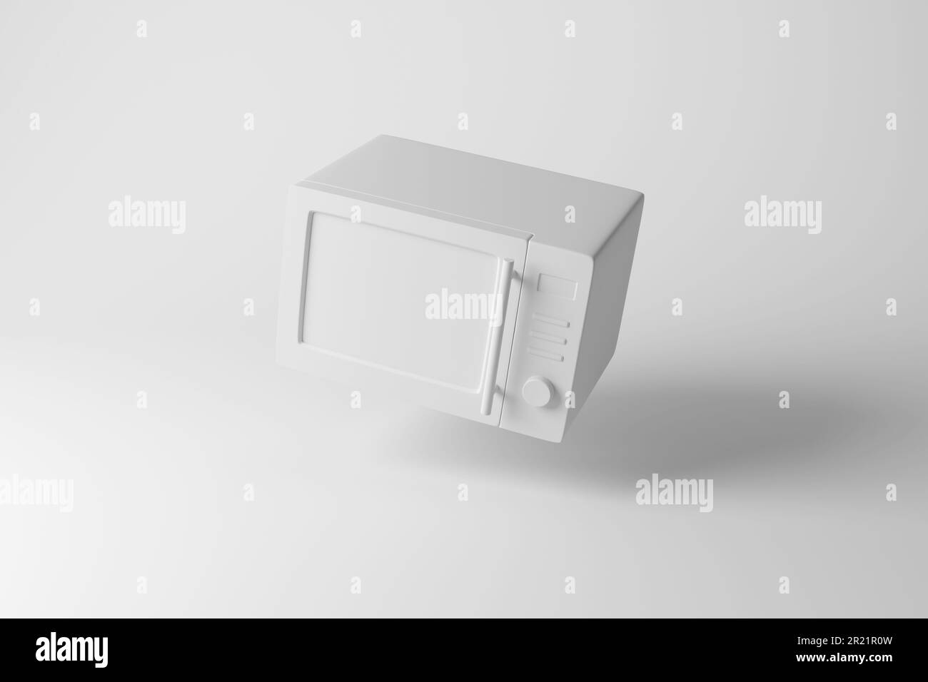 Design minimaliste d'un four à micro-ondes blanc flottant sur fond blanc avec ombre. Illustration du concept d'appareil domestique Banque D'Images