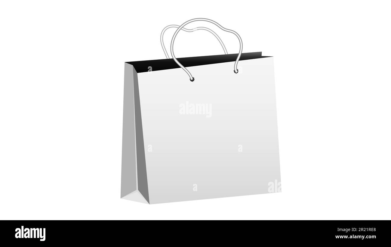Sac à provisions en papier blanc réaliste avec poignées en corde sur fond blanc et espace de copie. Illustration vectorielle Illustration de Vecteur