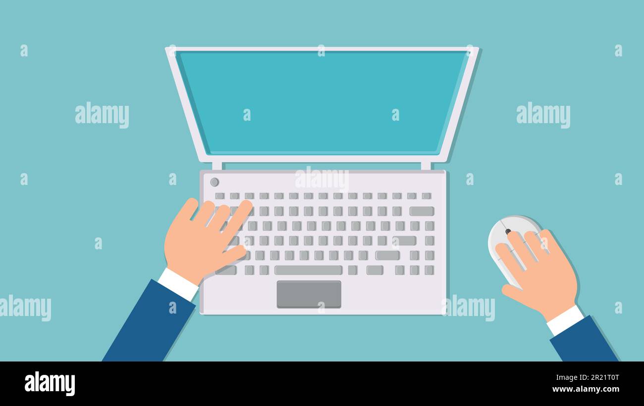 Illustration vectorielle d'un homme travaillant avec ses mains sur un ordinateur portable avec une souris et un clavier sur un fond bleu vue du dessus, plan plat. Concept : c Illustration de Vecteur