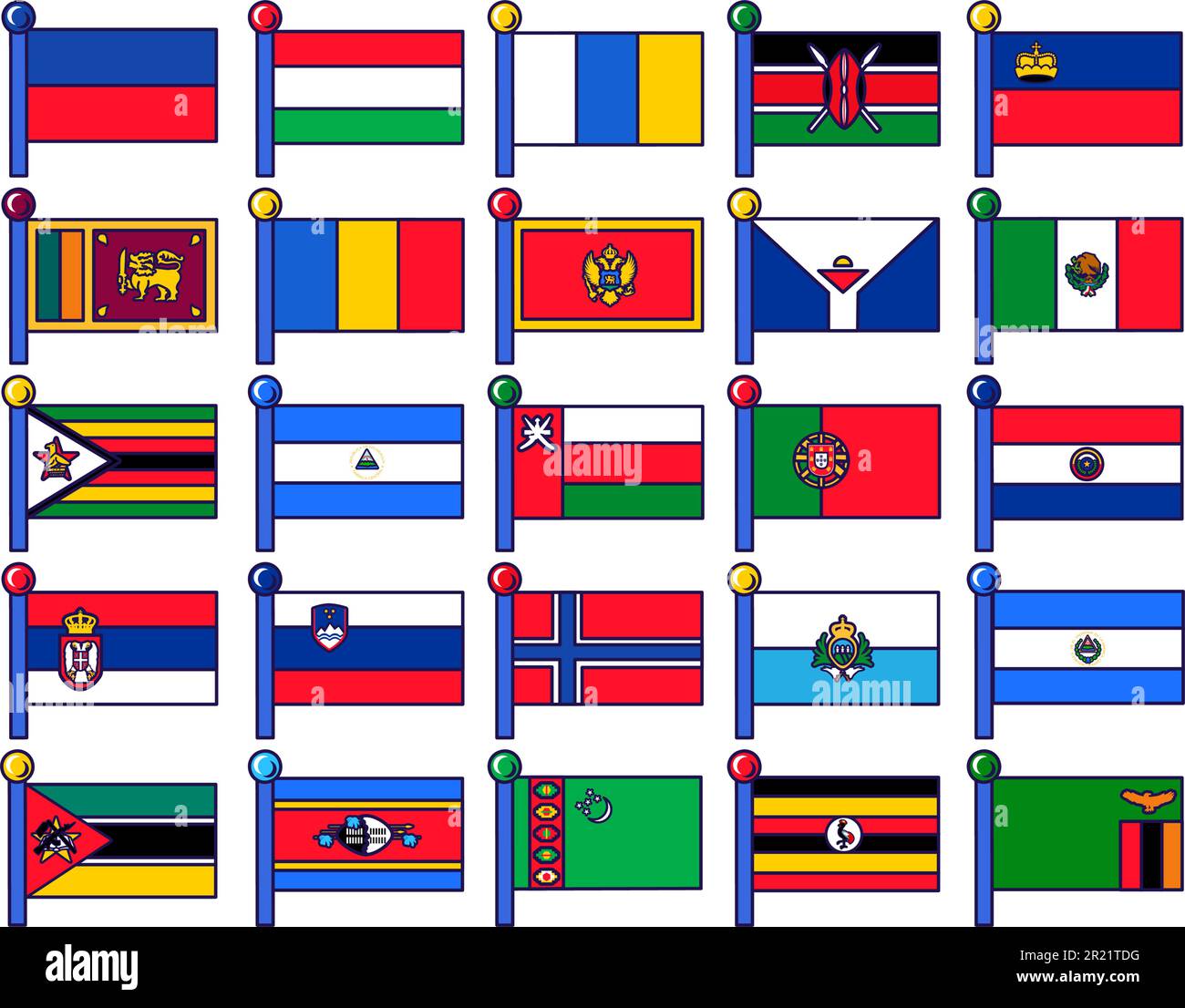 Drapeaux sur le mât pour l'enregistrement d'un événement solennel, la rencontre de clients étrangers. Différents drapeaux de pays sur la collecte du personnel. Isolat vectoriel plat couleur Illustration de Vecteur