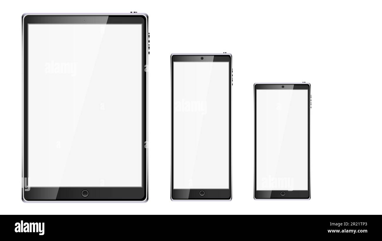 Tablette tactile intelligente et portable noir réaliste et deux téléphones mobiles, smartphone avec écran blanc brillant avec espace de copie isolé sur blanc Illustration de Vecteur