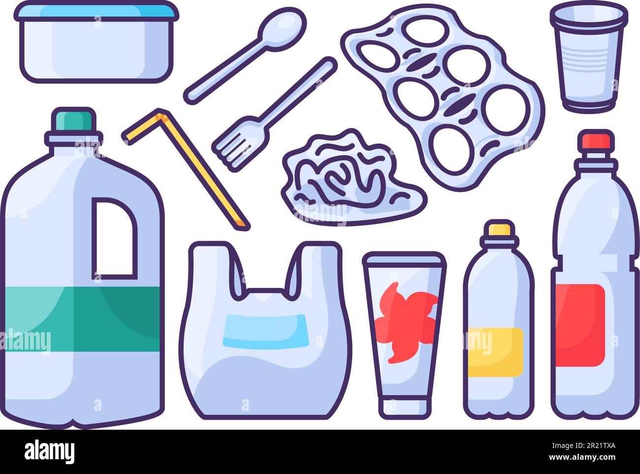 Ensemble d'objets plastiques indésirables. Articles hors d'usage et sujets à la mise au rebut. Recyclage des produits industriels en plastique et en polyéthylène. Dessin animé simple o Illustration de Vecteur