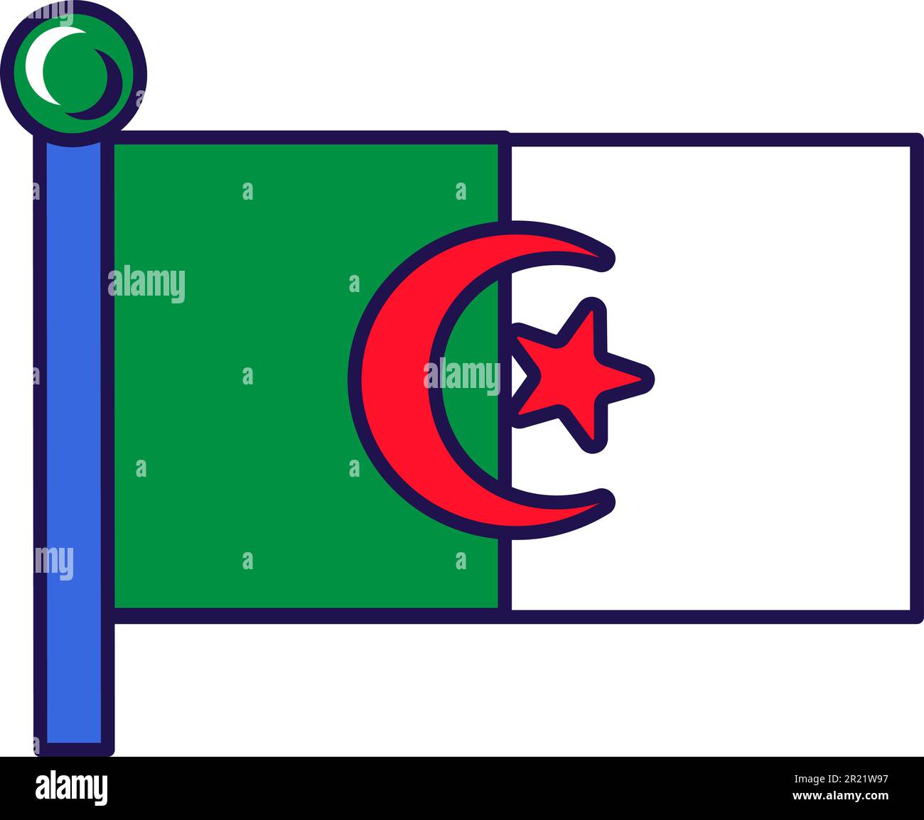 Drapeau de nation de pays d'Algérie sur vecteur de flagstaff. Symbole national, officiel et patriotique algérien de la liberté. Vert et blanc avec croissant rouge et fi Illustration de Vecteur