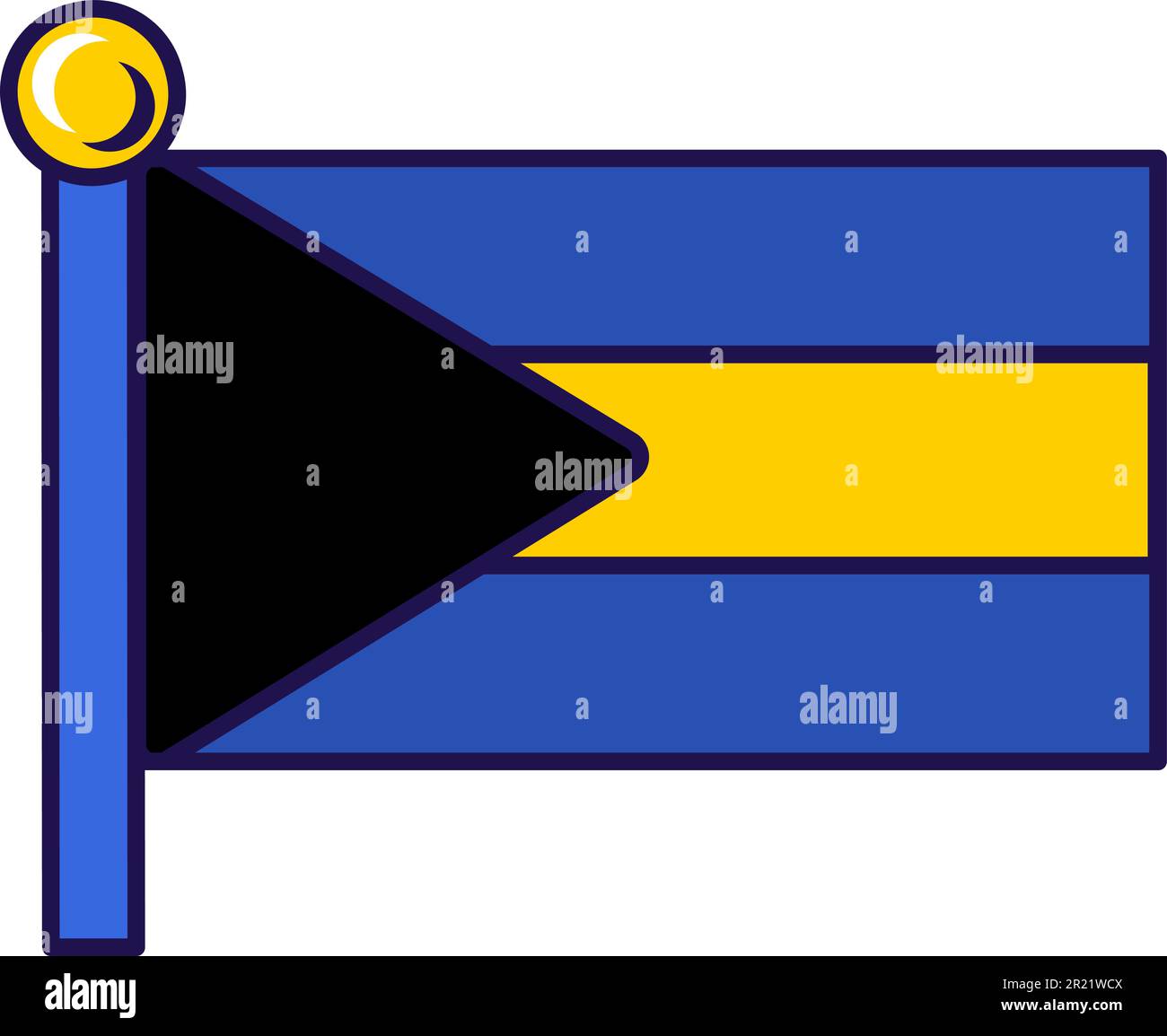Drapeau du Commonwealth des bahamas sur le vecteur flagstaff. Triangle noir et bandes bleu-vert et or sur le symbole national, officiel et patriotique de la liberté Illustration de Vecteur