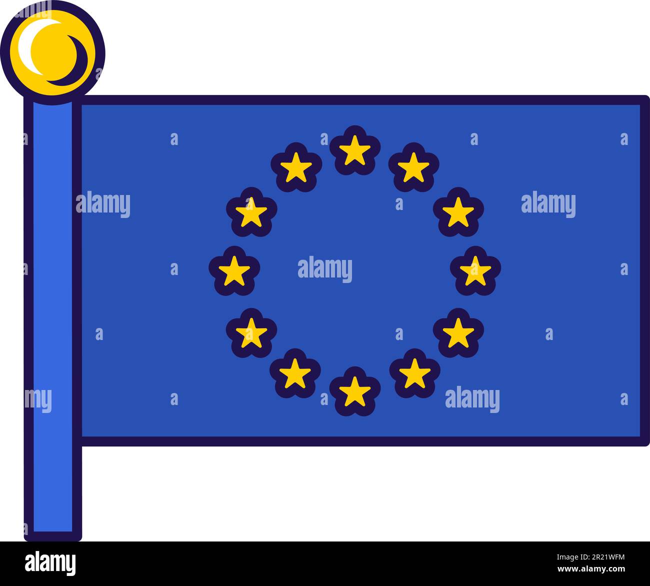 Drapeau officiel de l'Union européenne sur flagstaff Vector. Symbole des pays membres du Conseil de l'europe. Cercle d'étoiles dorées sur pôle bleu, insi traditionnel Illustration de Vecteur