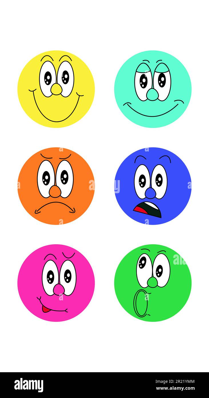 Un ensemble de six icônes rondes pour la tendance avec différents visages avec une expression d'émotion rire sourire surprise peur colère joie sur un fond blanc. Illustration de Vecteur