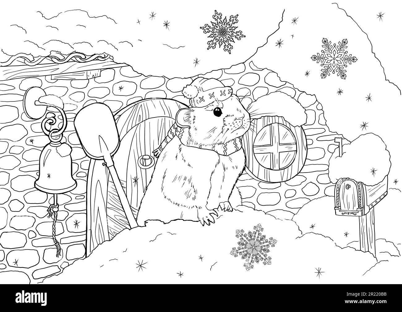 Illustration graphique d'une souris dans un déneigement. Réservez l'illustration pour enfants. Vue sur l'hiver. Maison enneigée. Pour imprimer sur des cartes postales, des calendriers, des livres et des produits pour enfants. Hiver enneigé. Illustration de haute qualité Banque D'Images