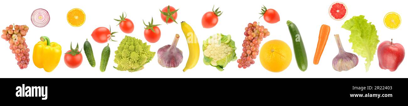 Fruits et légumes sains isolés sur fond blanc. Banque D'Images