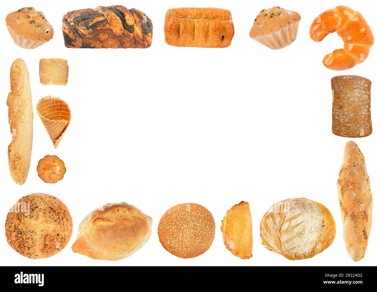Placez les produits de pain sucré sous forme de cadre isolé sur fond blanc Banque D'Images