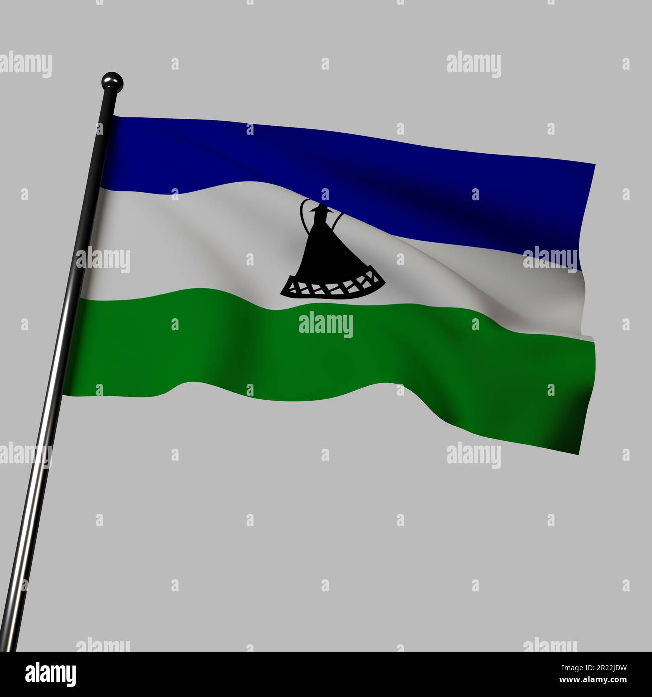 Le drapeau du Lesotho se forme sur un fond gris dans cette illustration de 3D. Il présente des bandes horizontales bleues, blanches et vertes représentant la pluie, la paix et Banque D'Images