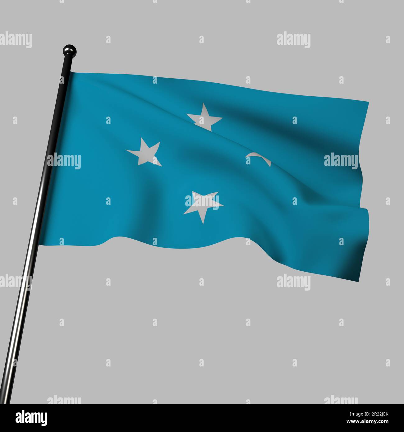 Drapeau de Micronésie agitant dans le vent sur un fond gris. 3D illustration avec un champ bleu clair représentant l'océan Pacifique, et quatre étoiles blanches Banque D'Images