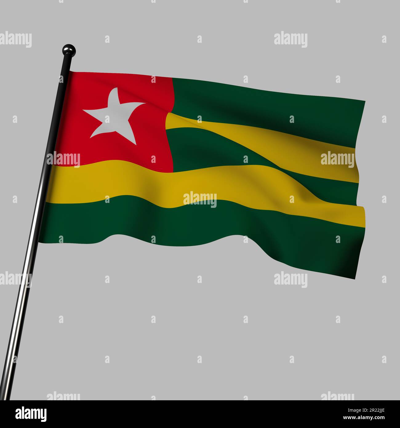 3D drapeau togolais agitant dans le vent, isolé sur gris. Le drapeau comporte des bandes horizontales de vert, jaune et rouge, avec une étoile blanche dans le coin. La couleur Banque D'Images