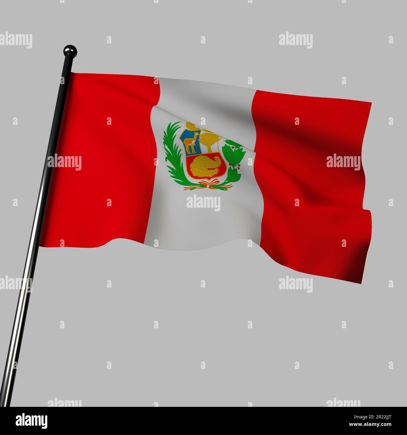 Le drapeau du Pérou se courbe en 3D, affichant trois bandes verticales de rouge, blanc et rouge. Au centre, les armoiries nationales sont dotées d'une vigogne dorée Banque D'Images