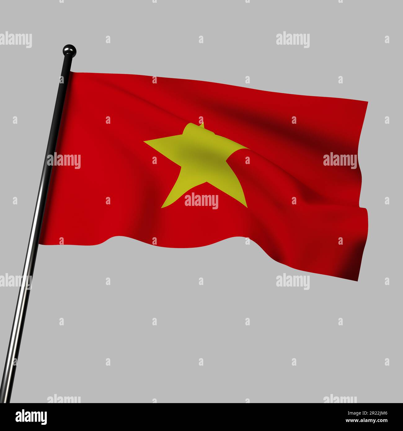 Le drapeau du Vietnam fait doucement vagues en 3D sur fond gris. Il est doté d'un arrière-plan rouge audacieux et d'une étoile jaune vive au milieu. Banque D'Images