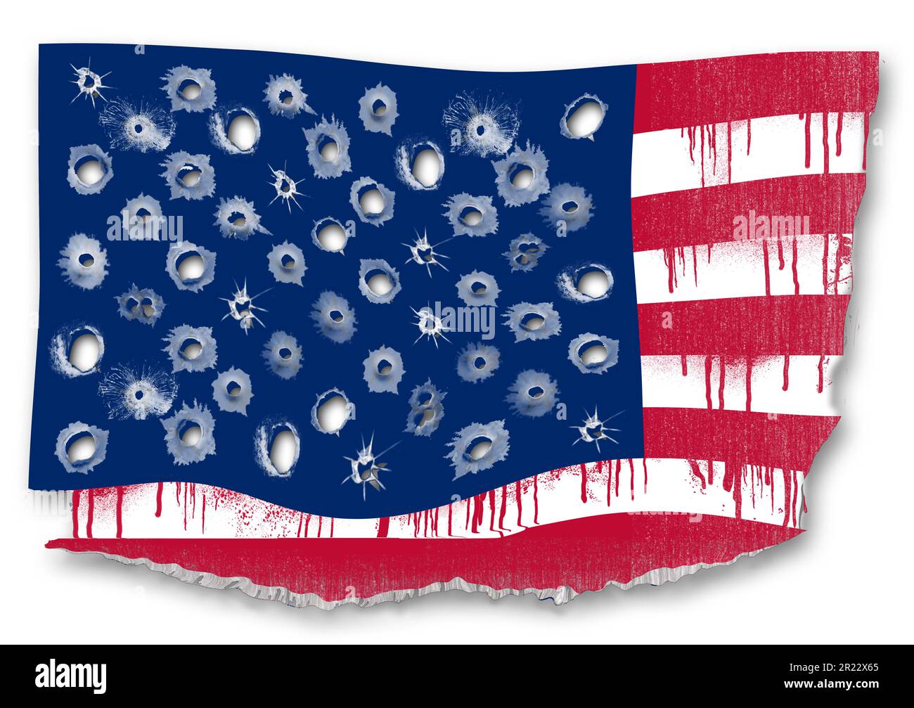 Les vestiges d'un drapeau américain sont déchirés, flattés et remplis de balles et de sang dans une illustration de 3 jours sur la violence par les armes à feu en Amérique. Banque D'Images