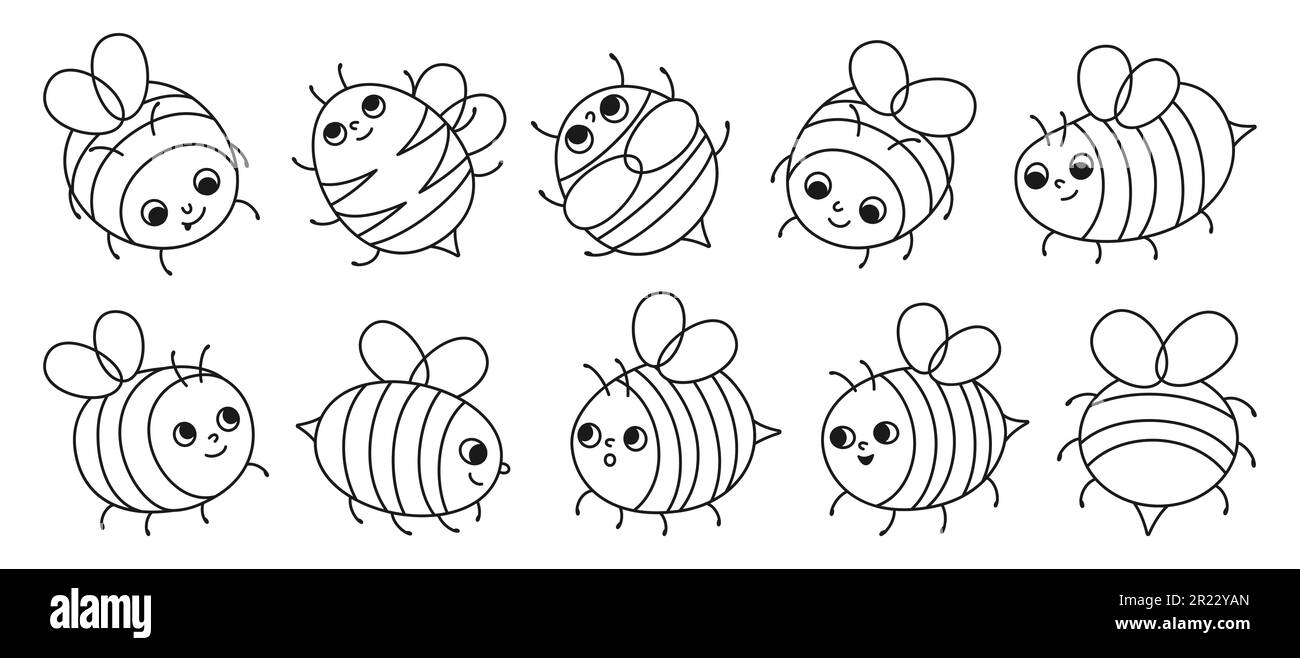 Ensemble de doodle linéaire de personnages de miel d'abeille. Bandes dessinées enfants des insectes d'abeilles avec visages amusants d'émotion. Mignon dessiné été vintage comic smiley rayures abeilles rétro dessin animé illustration vectorielle Illustration de Vecteur