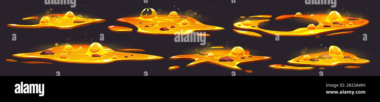 Flaque de lave liquide chaud fx avec bulle orange 2D. Volcan liquide magma feu pour l'environnement d'enfer de jeu. Isolé jaune orange métal fondu goutte vfx dessin animé élément ensemble. Fonderie d'acier coulant Illustration de Vecteur