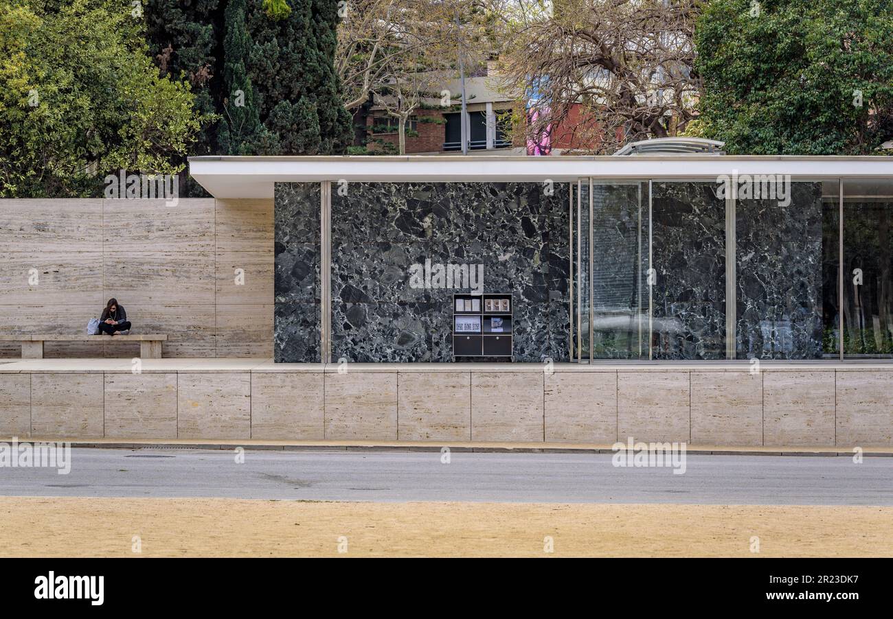 Pavillon Mies Van der Rohe (ou pavillon allemand) construit pour l'exposition internationale de 1929 à Montjuïc (Barcelone, Catalogne, Espagne) Banque D'Images