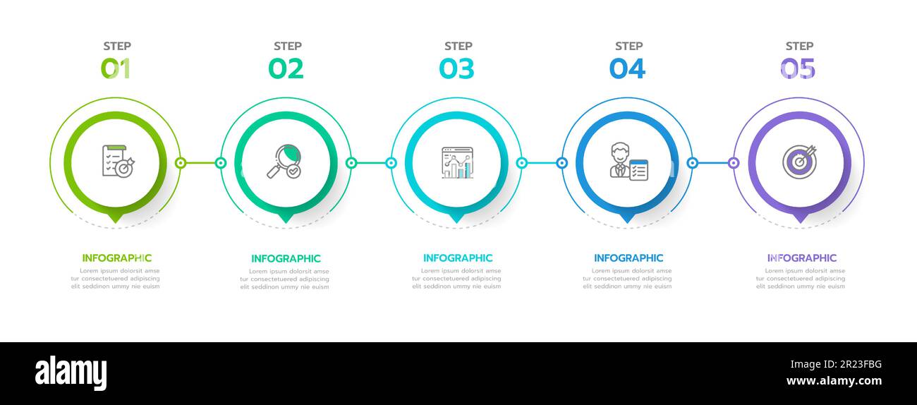 Modèle d'infographie pour les entreprises. Feuille de route du diagramme de la chronologie moderne en 5 étapes avec un graphique circulaire des sujets, une infographie de vecteur de présentation. Illustration de Vecteur