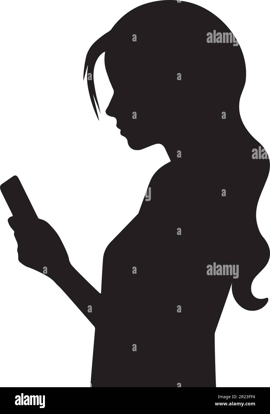 Fille silhouette illustration tenant l'auto-téléphone dans ses mains, vecteur. Silhouette de femme isolée sur fond blanc avec téléphone mobile. Mignon noir et W Illustration de Vecteur