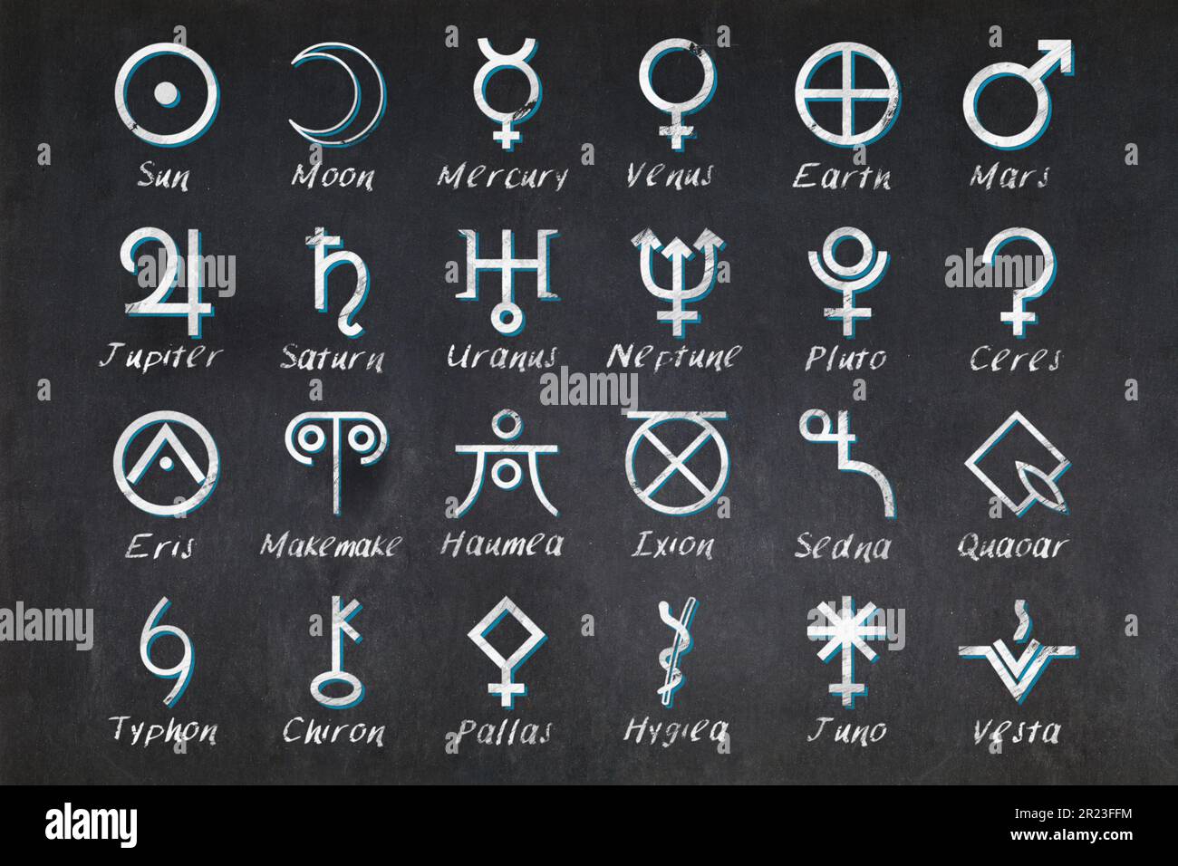 Tableau noir avec les vingt-quatre glyphes d'objets astronomiques utilisés en Astrologie Banque D'Images