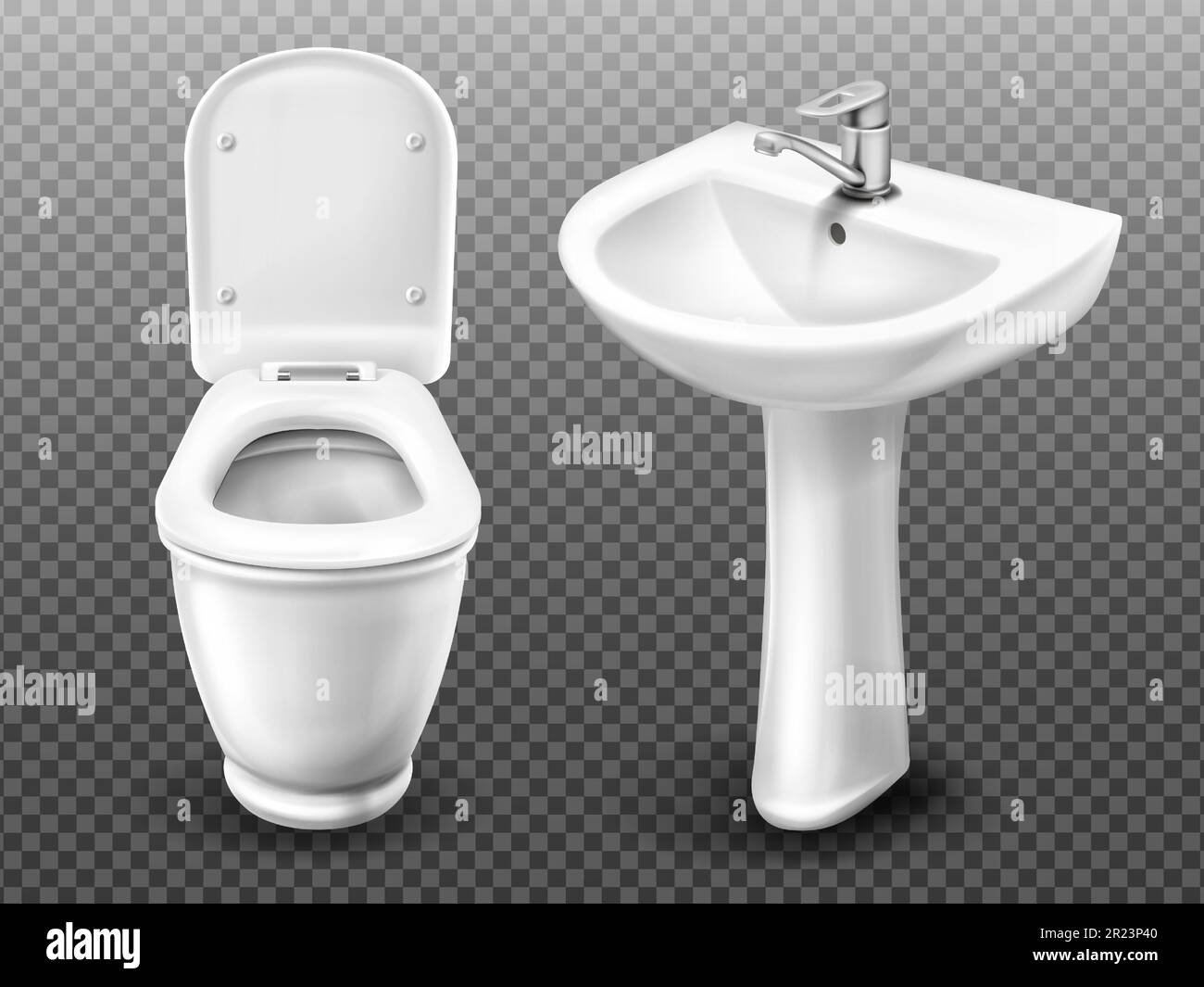 Cuvette et lavabo pour salle de bains, toilettes, WC moderne. Lavabo en céramique blanc vectoriel réaliste avec robinet et lavabo avec réservoir de rinçage et couvercle de siège ouvert isolé sur fond transparent Illustration de Vecteur