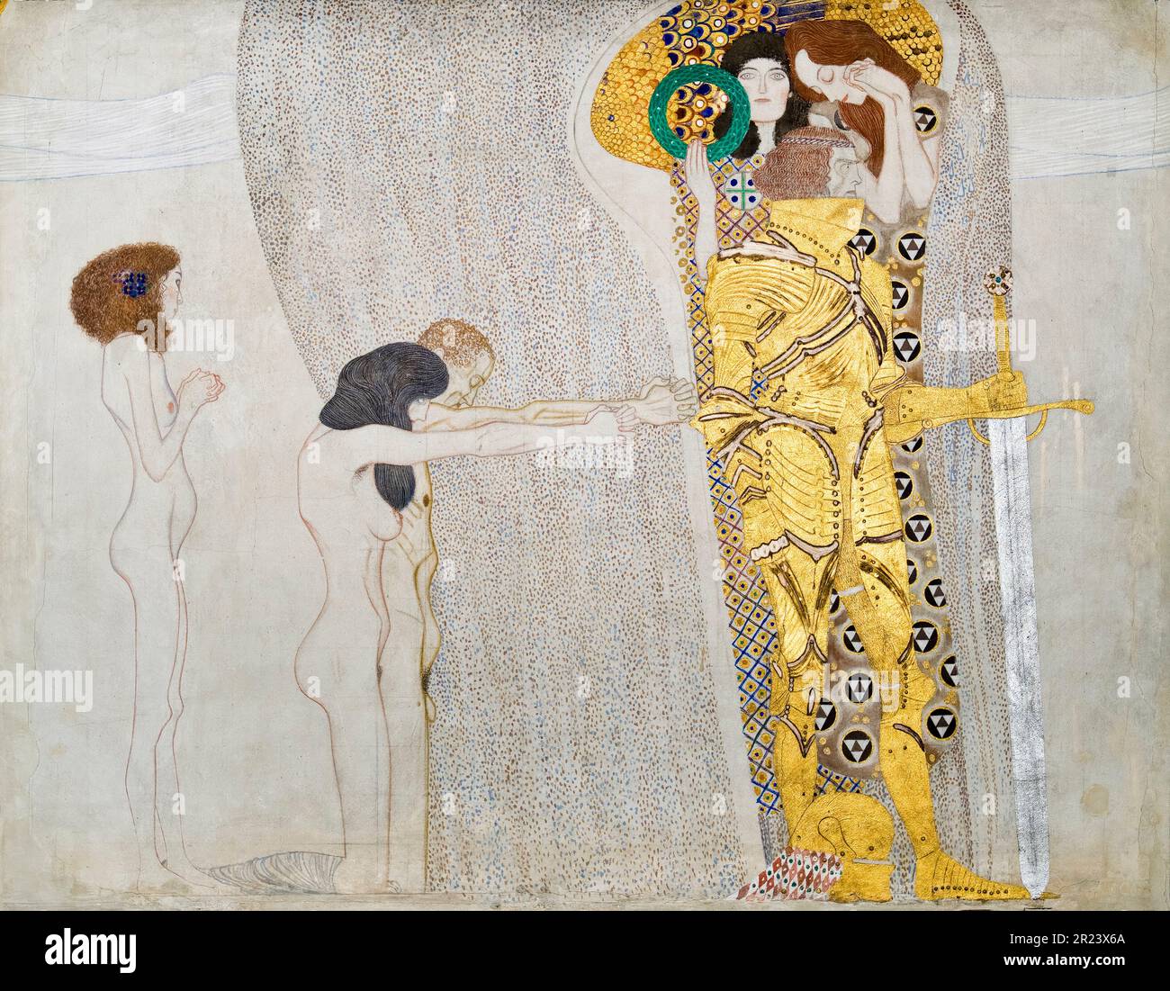 Gustav Klimt, Beethoven Frieze : les souffrances de l'humanité faible et de l'homme fort bien armé, peinture 1901 Banque D'Images