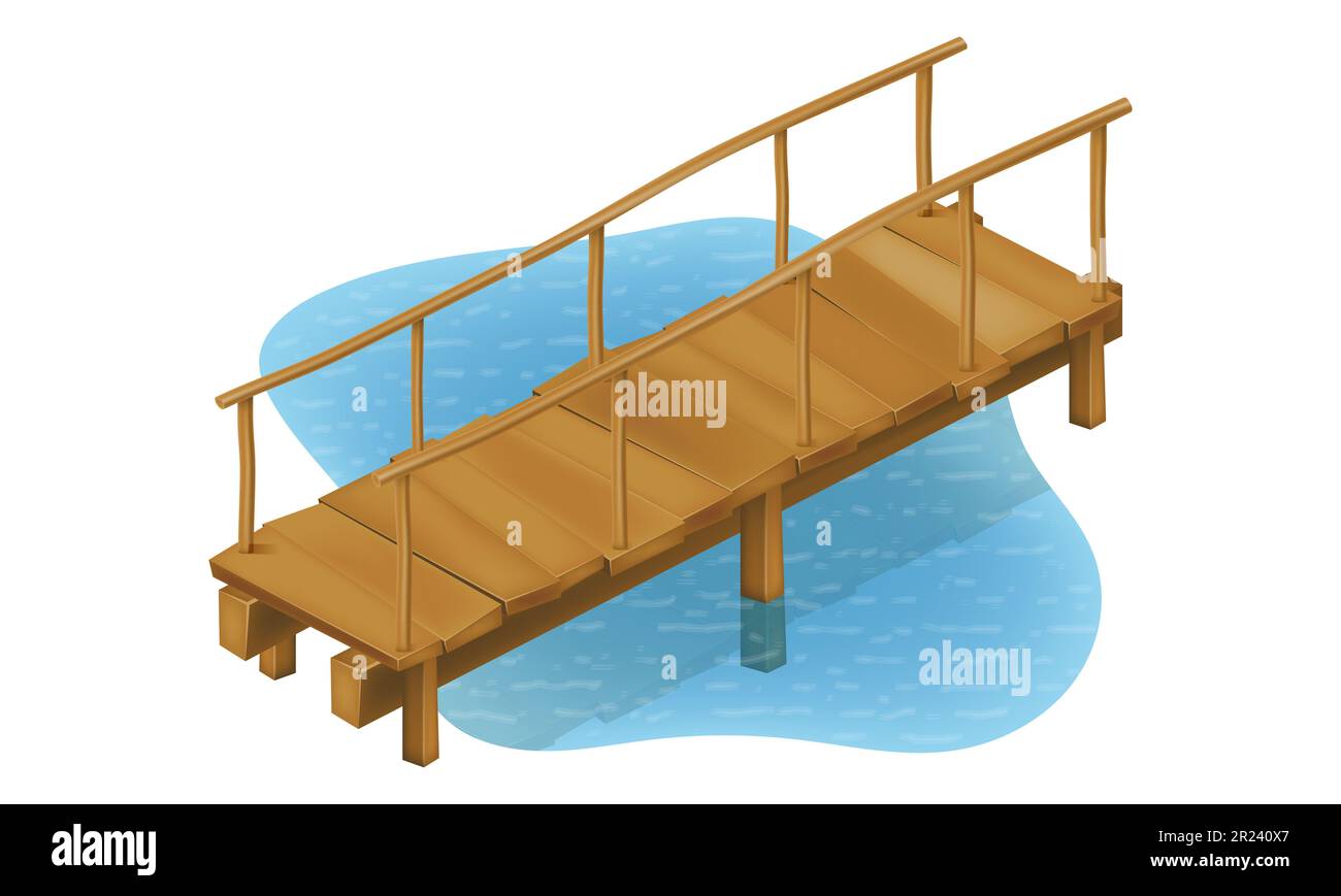 vieux pont en bois pour traverser une rivière ou un étang illustration vectorielle isolée sur fond blanc Banque D'Images