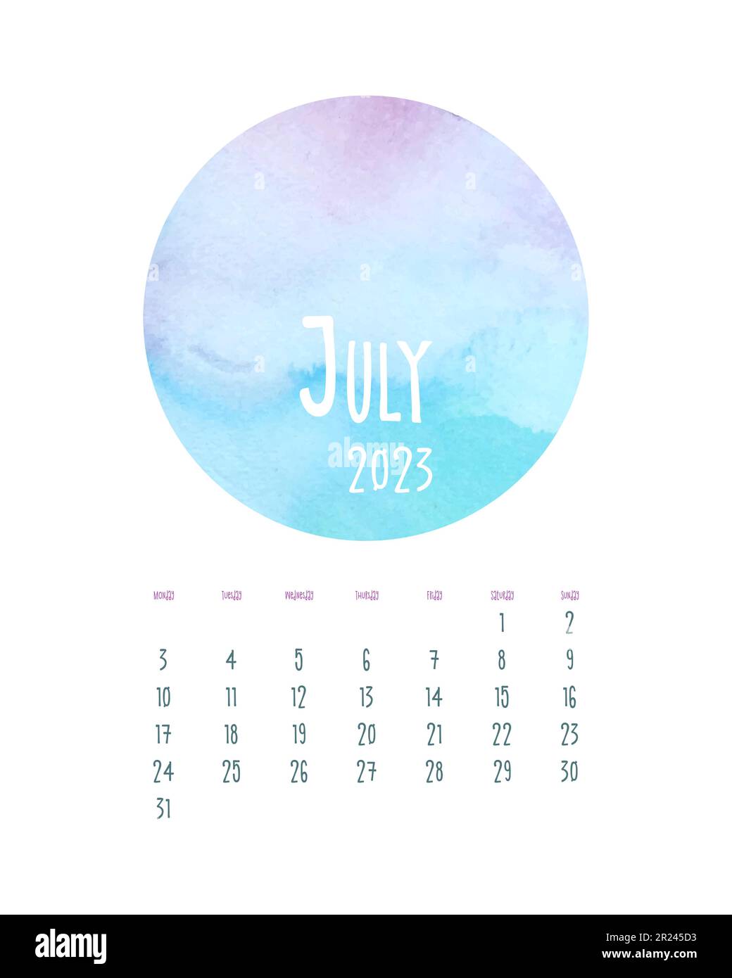 Calendrier juillet 2023 avec aquarelle bleu rose cercle. Illustration vectorielle Illustration de Vecteur