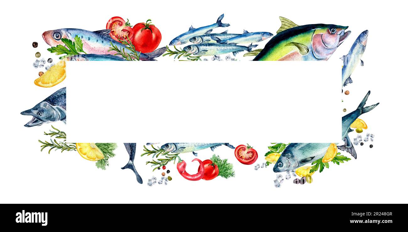 Cadre de poissons frais et épices aquarelle illustration isolée sur blanc. Poisson sauvage, thon, saumon, hareng, anchois, tomates dessinées à la main. Oreme de conception Banque D'Images